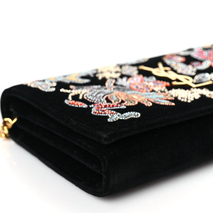 Saint Laurent Suede Embroidered Birds Monogram Chain Wallet Black 8 of 9