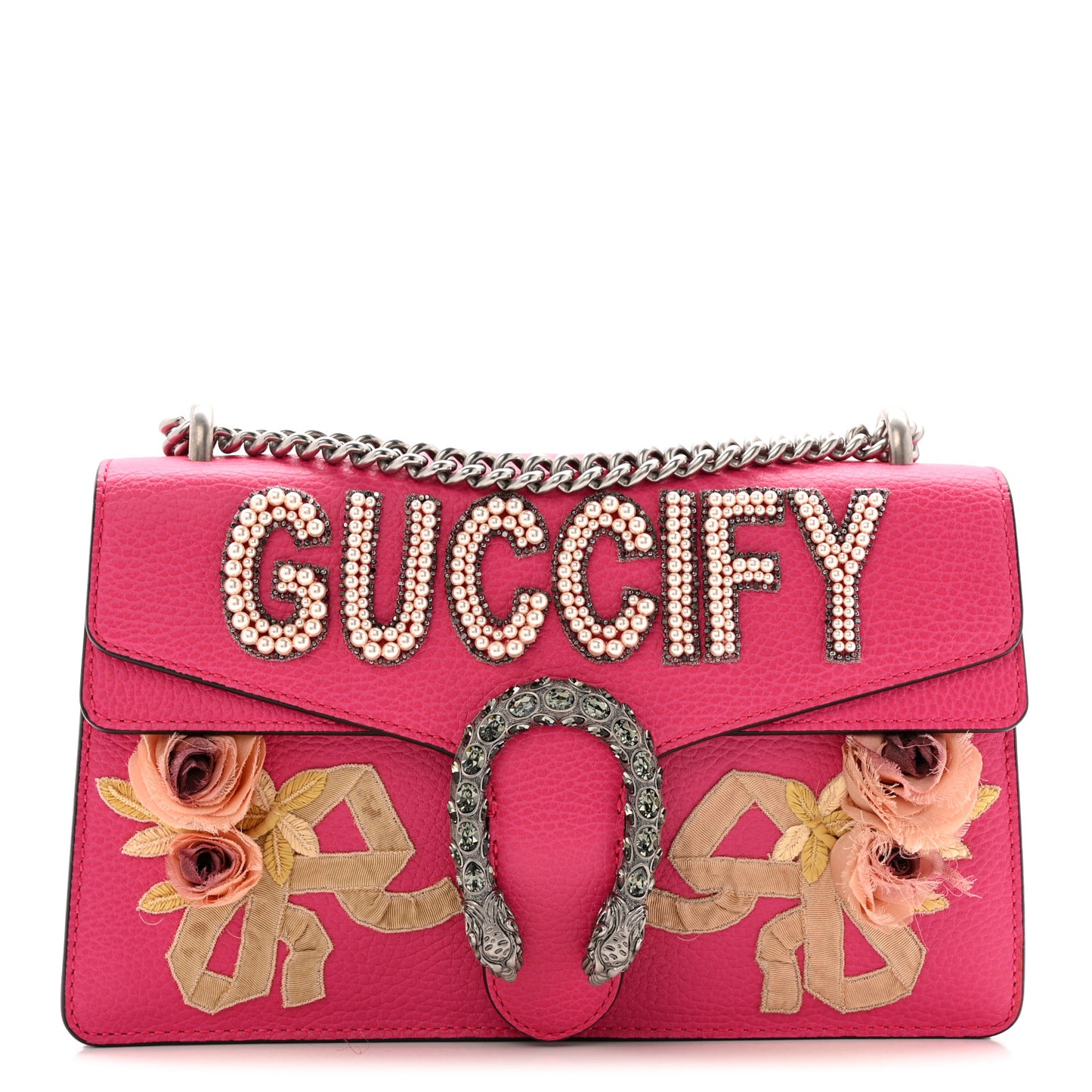 Pebbled Calfskin Embellished Guccify Small Dionysus Shoulder Bag Rosa