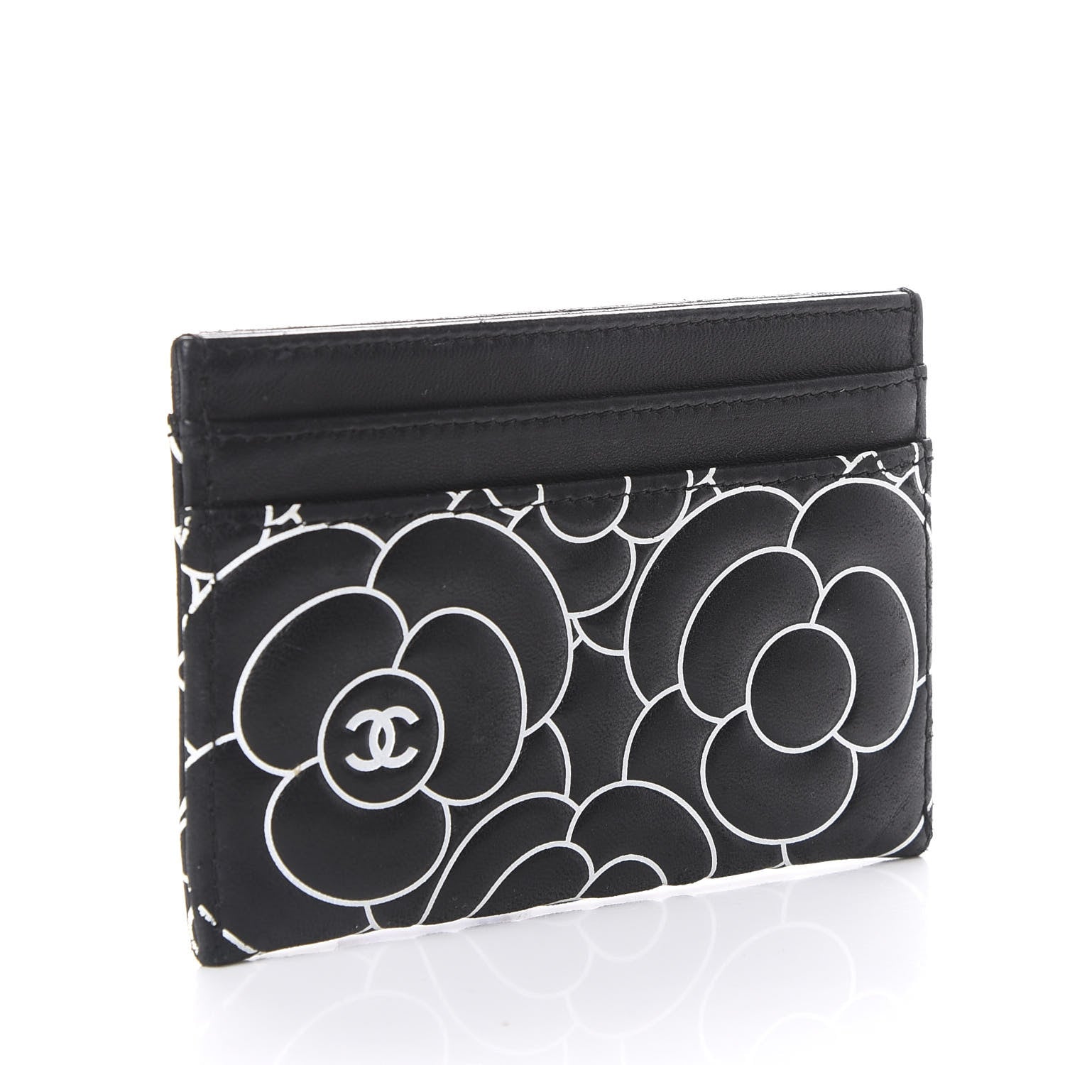 Chanel Lambskin Camellia Embossed Card Holder Black White 2 of 11