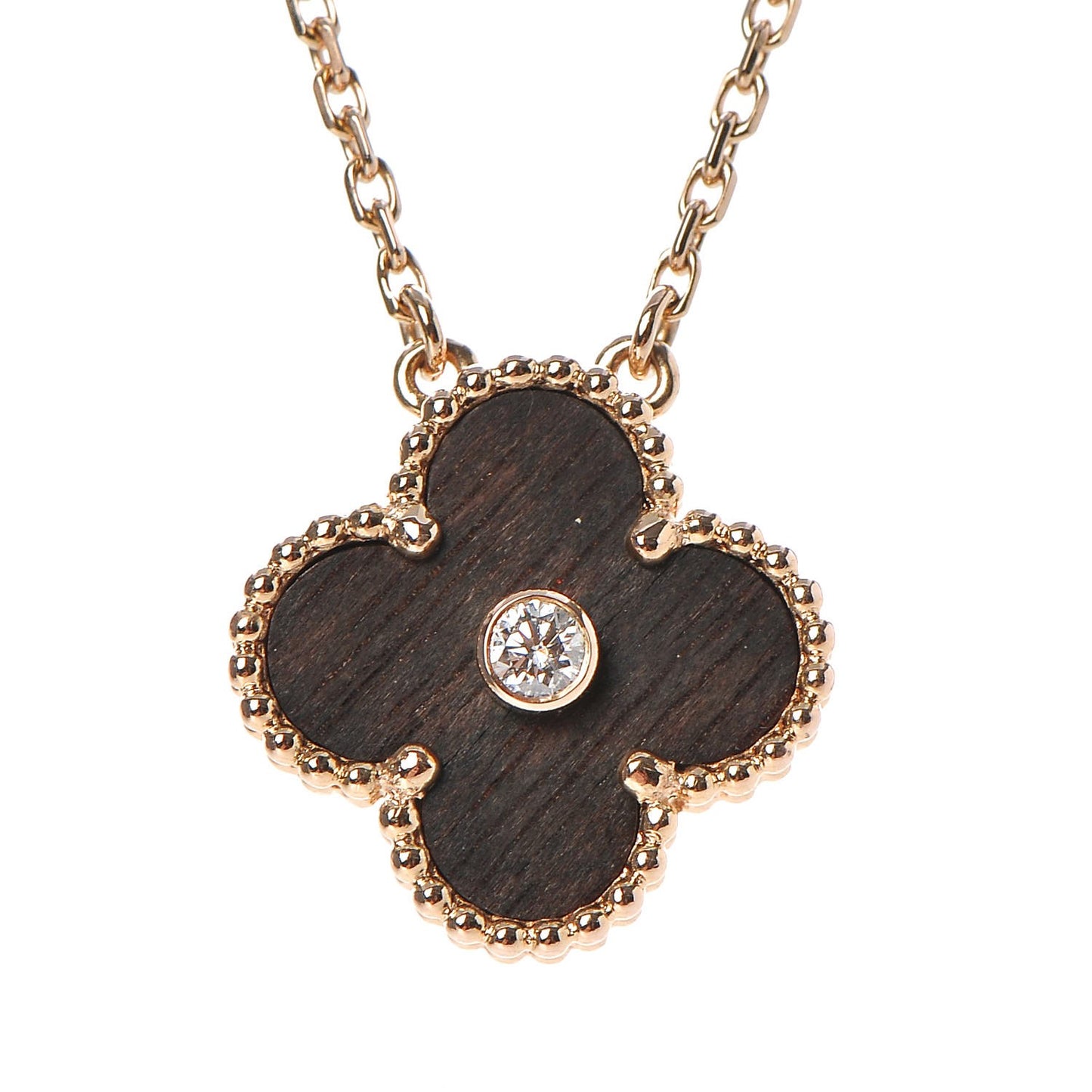 18K Rose Gold Diamond Letterwood Vintage Alhambra Pendant Necklace