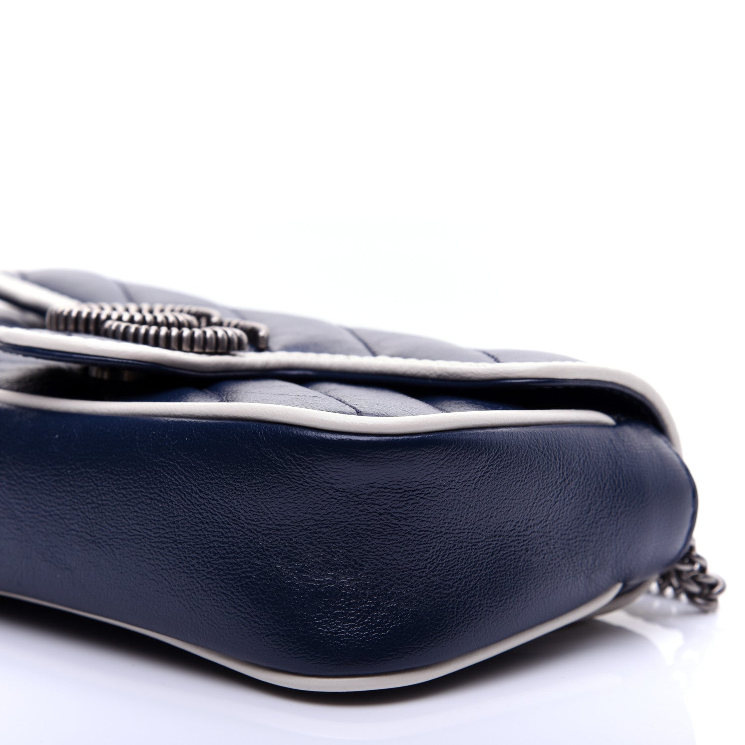 Gucci Vintage Effect Calfskin Matelasse Diagonal Super Mini Torchon GG Marmont Shoulder Bag Blue Agata Mystic White 7 of 15