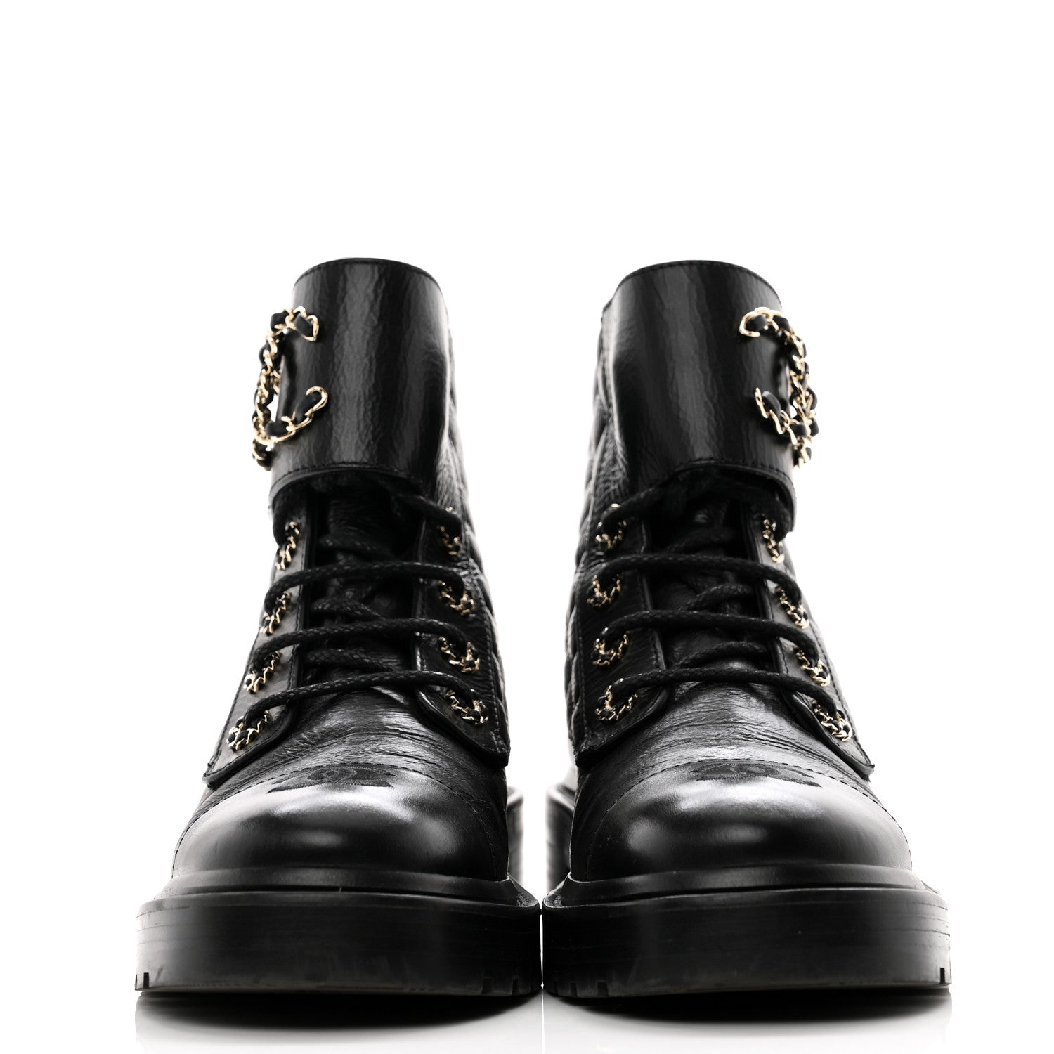 Chanel Shiny Goatskin Calfskin Quilted Lace Up Combat Boots 37 Black 2 of 11