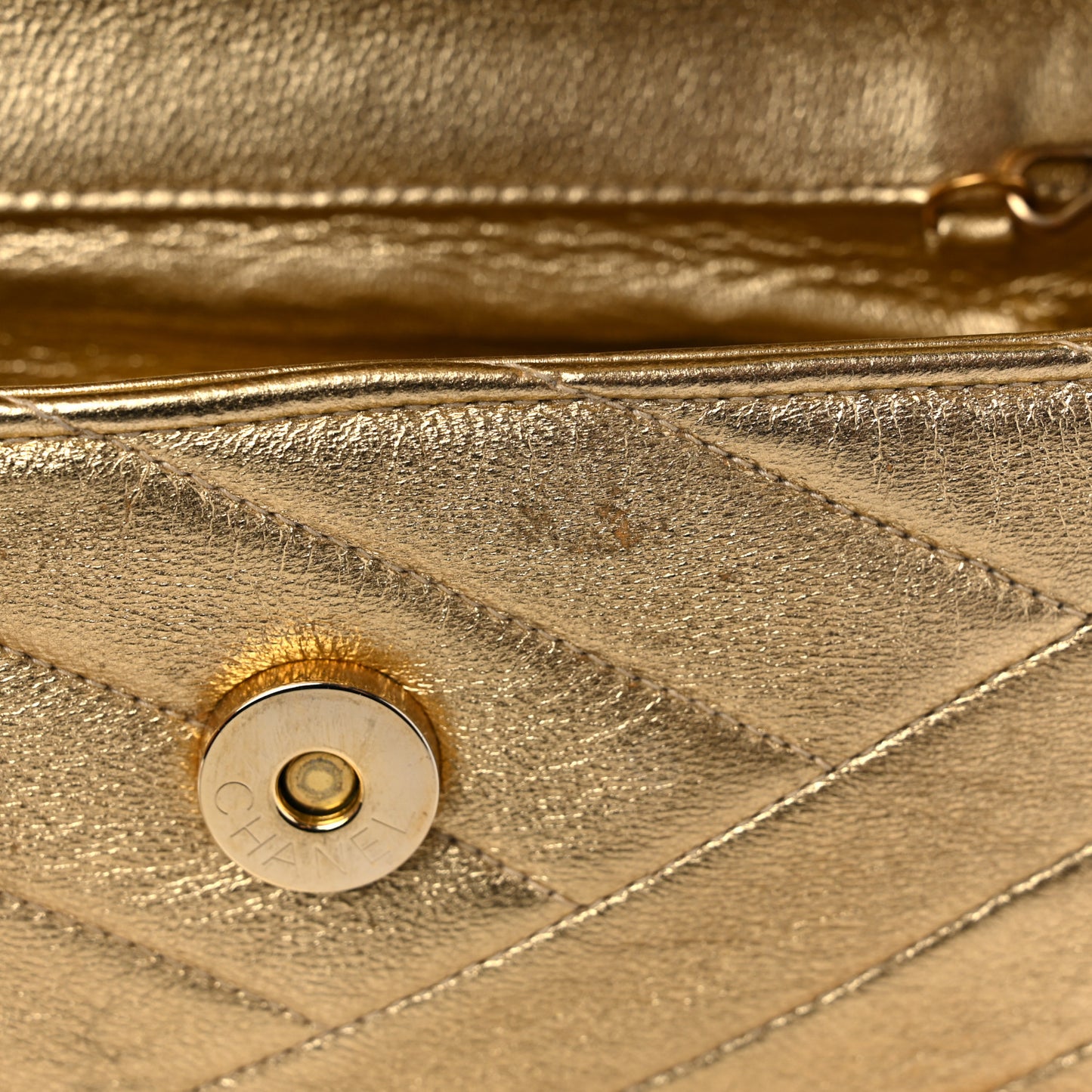 Metallic Lambskin Crystal Chevron Chain Clutch Gold
