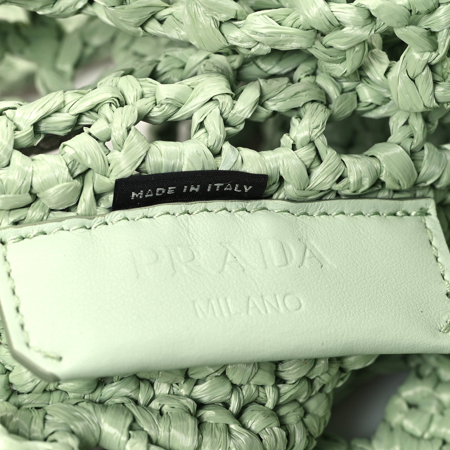 Prada Yarn Raffia Effect Crochet Logo Embroidered Tote Bag Acqua 6 of 10