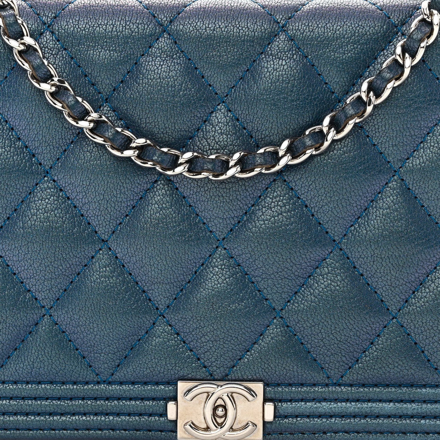 Iridescent Goatskin Quilted Boy Wallet On Chain WOC Blue