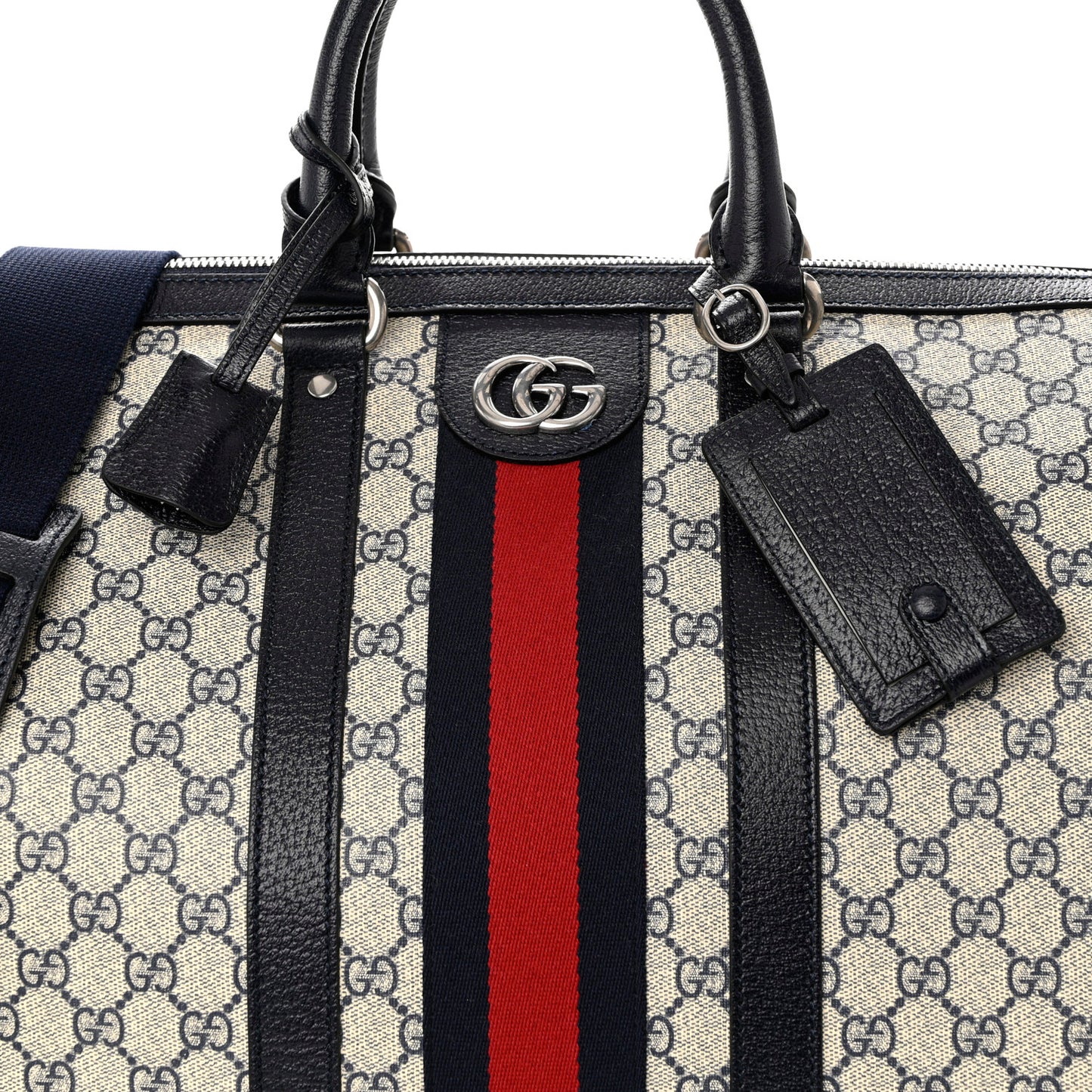 GG Supreme Monogram Textured Calfskin Web Large Ophidia Duffle Bag Beige Blue
