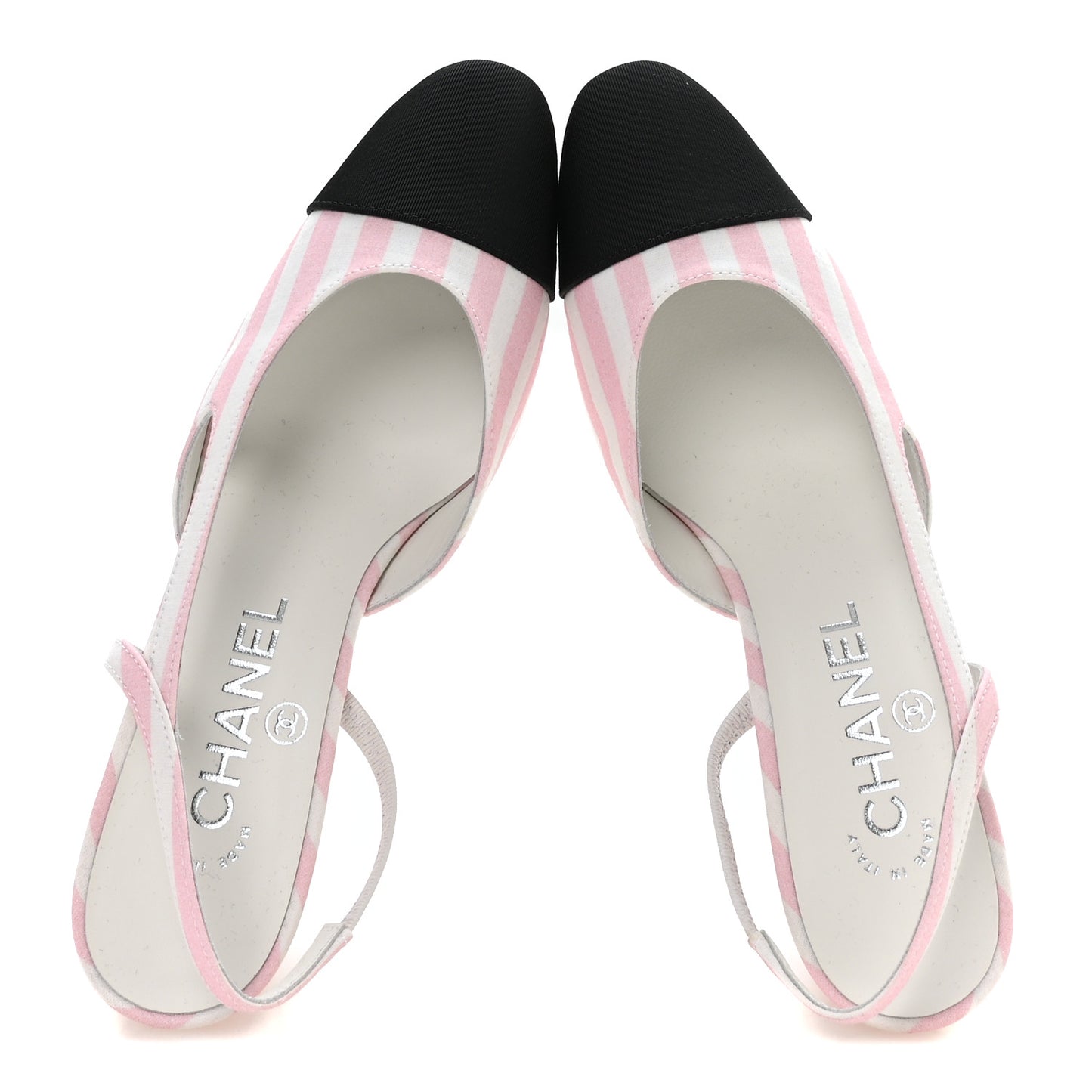 Fabric Grosgrain Cap Toe CC Striped Slingback Pumps 36 Pink White