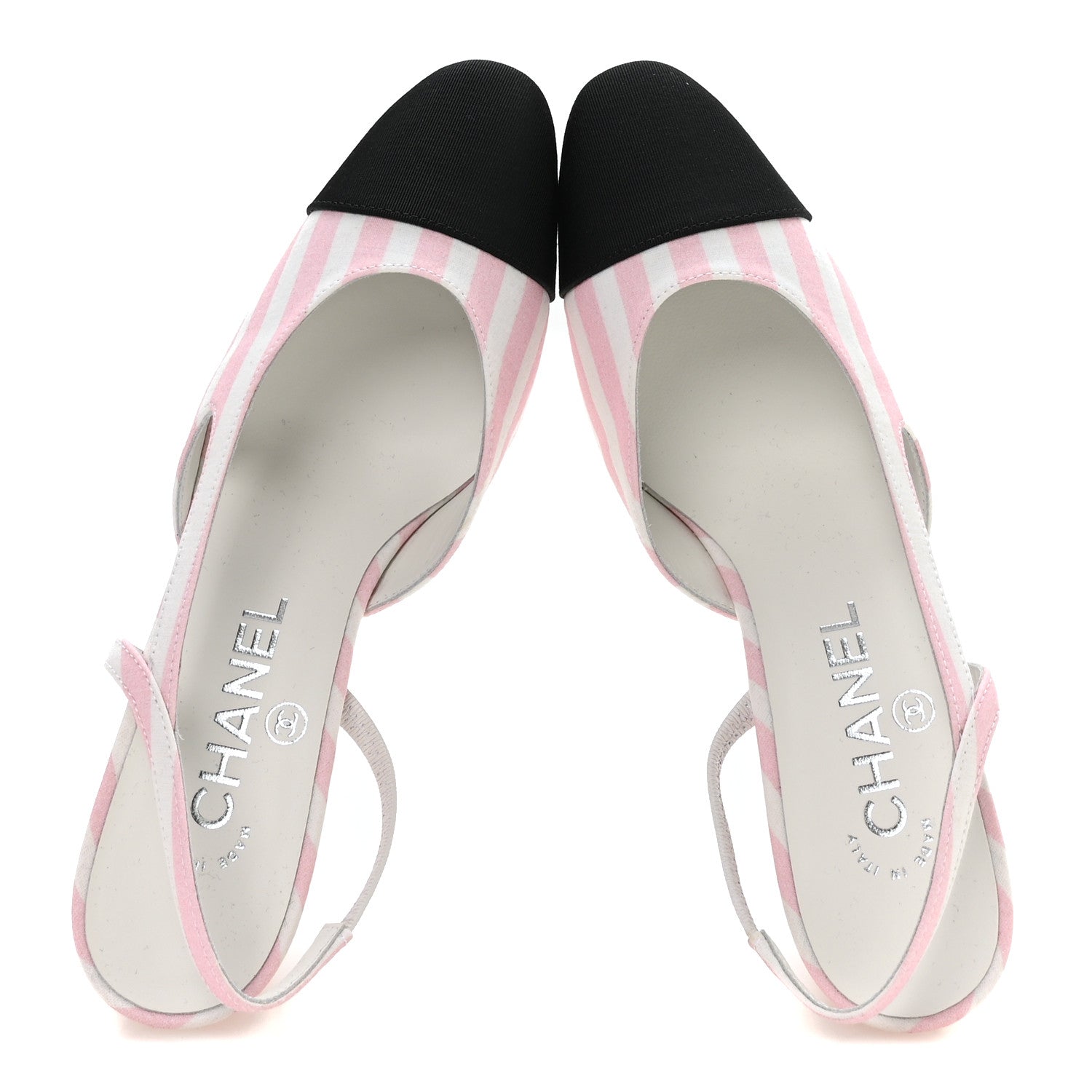 Chanel Fabric Grosgrain Cap Toe CC Striped Slingback Pumps 36 Pink White 2 of 8
