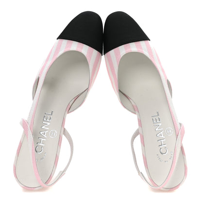 Chanel Fabric Grosgrain Cap Toe CC Striped Slingback Pumps 36 Pink White 2 of 8