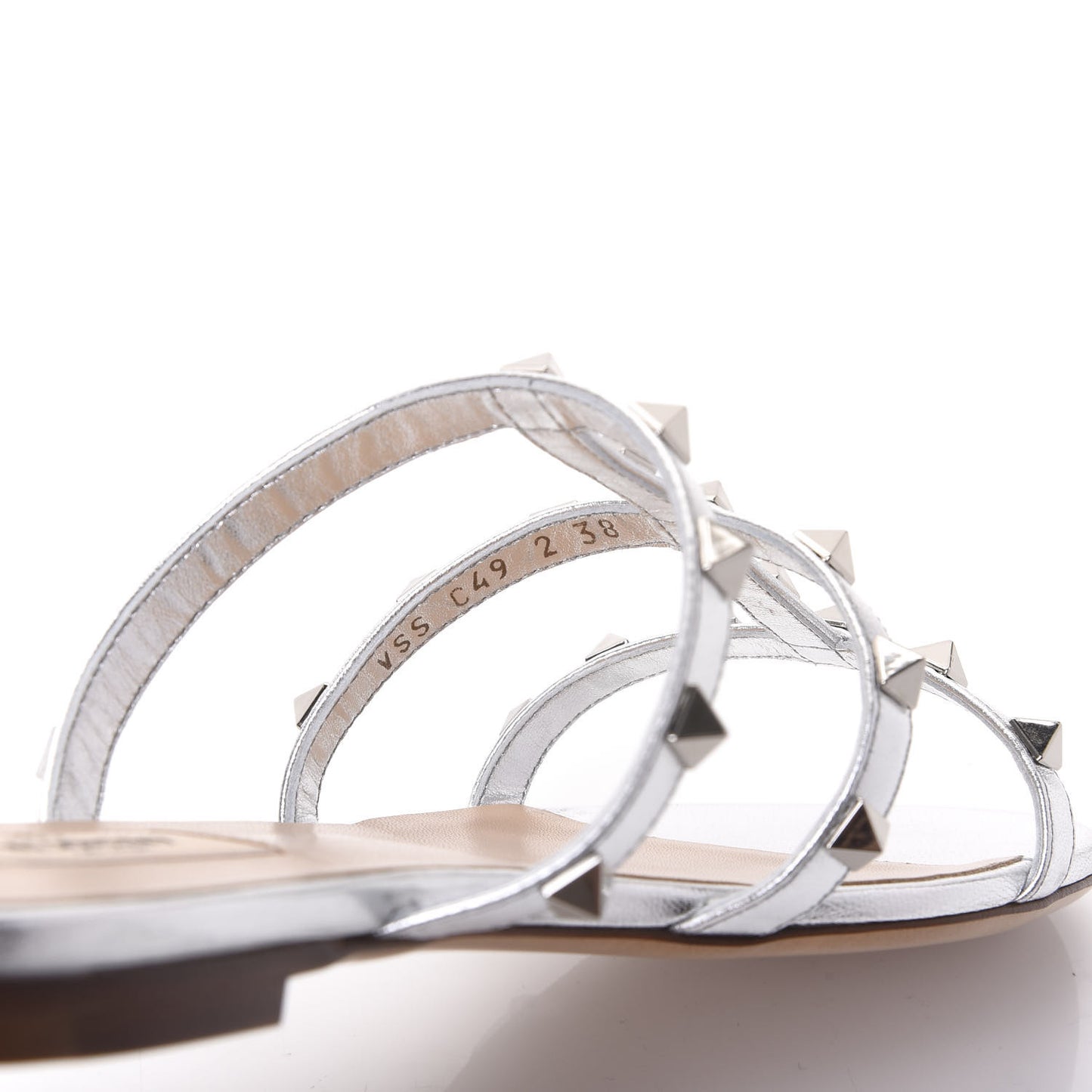 Metallic Nappa Rockstud Caged Flat Slide Sandals 38 Silver