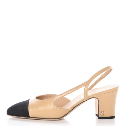 Chanel Goatskin Grosgrain Cap Toe CC Slingback Pumps 37 Beige Black 1 of 9
