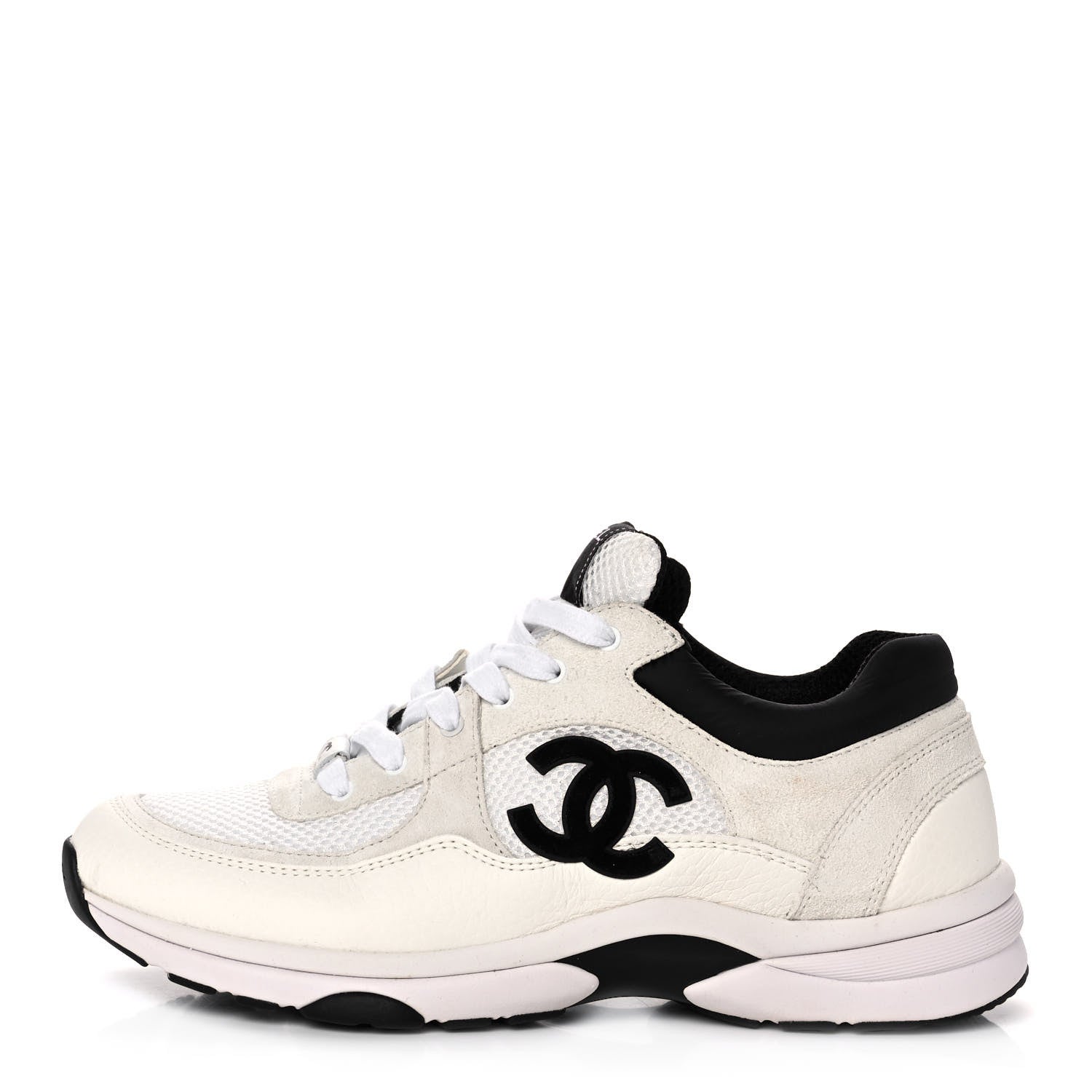 Chanel Mesh Suede Calfskin Grained Calfskin Womens CC Sneakers 41 White Black 1 of 9