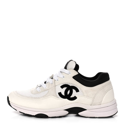Chanel Mesh Suede Calfskin Grained Calfskin Womens CC Sneakers 41 White Black 1 of 9