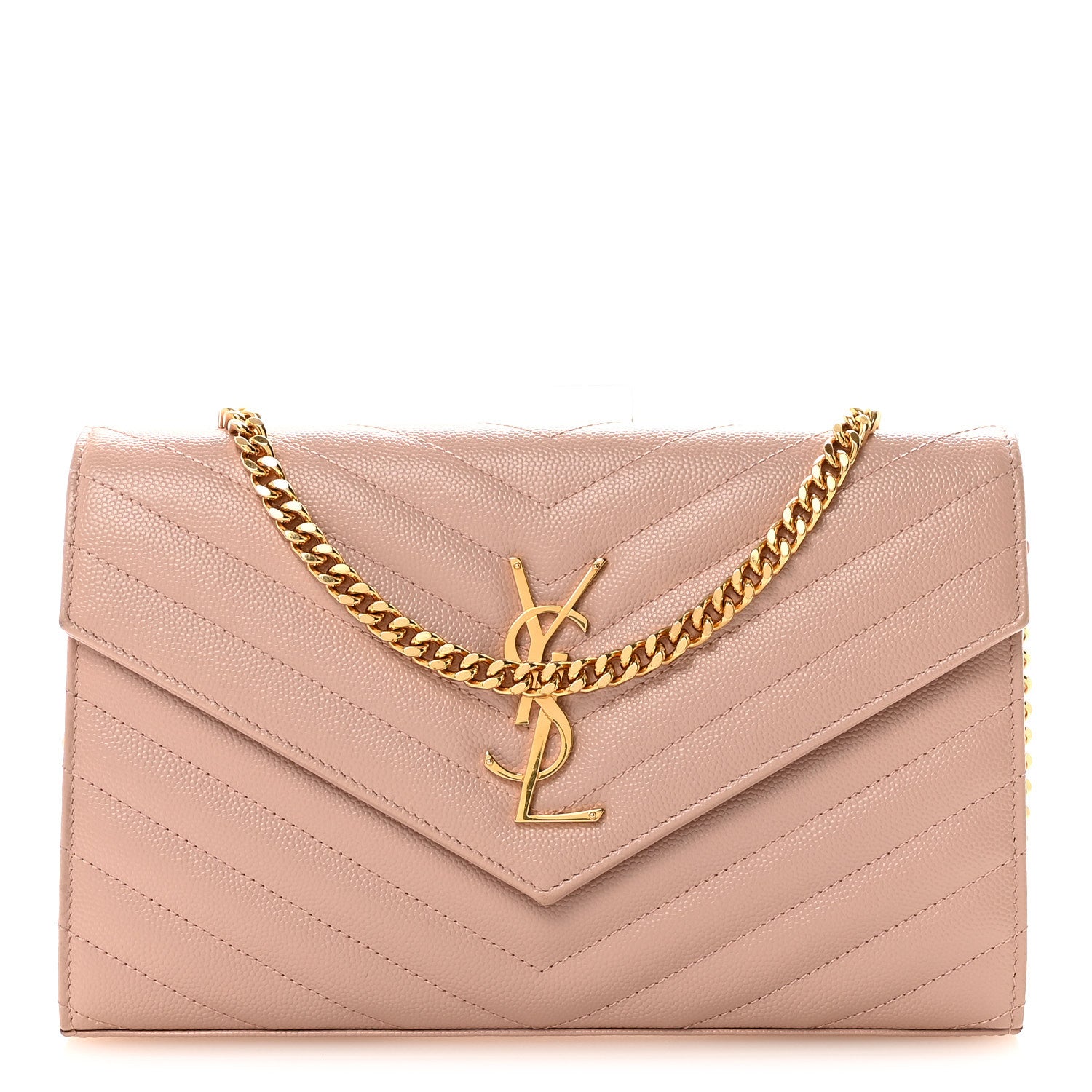 Saint Laurent Grain De Poudre Matelasse Chevron Monogram Chain Wallet Pale Blush 1 of 9