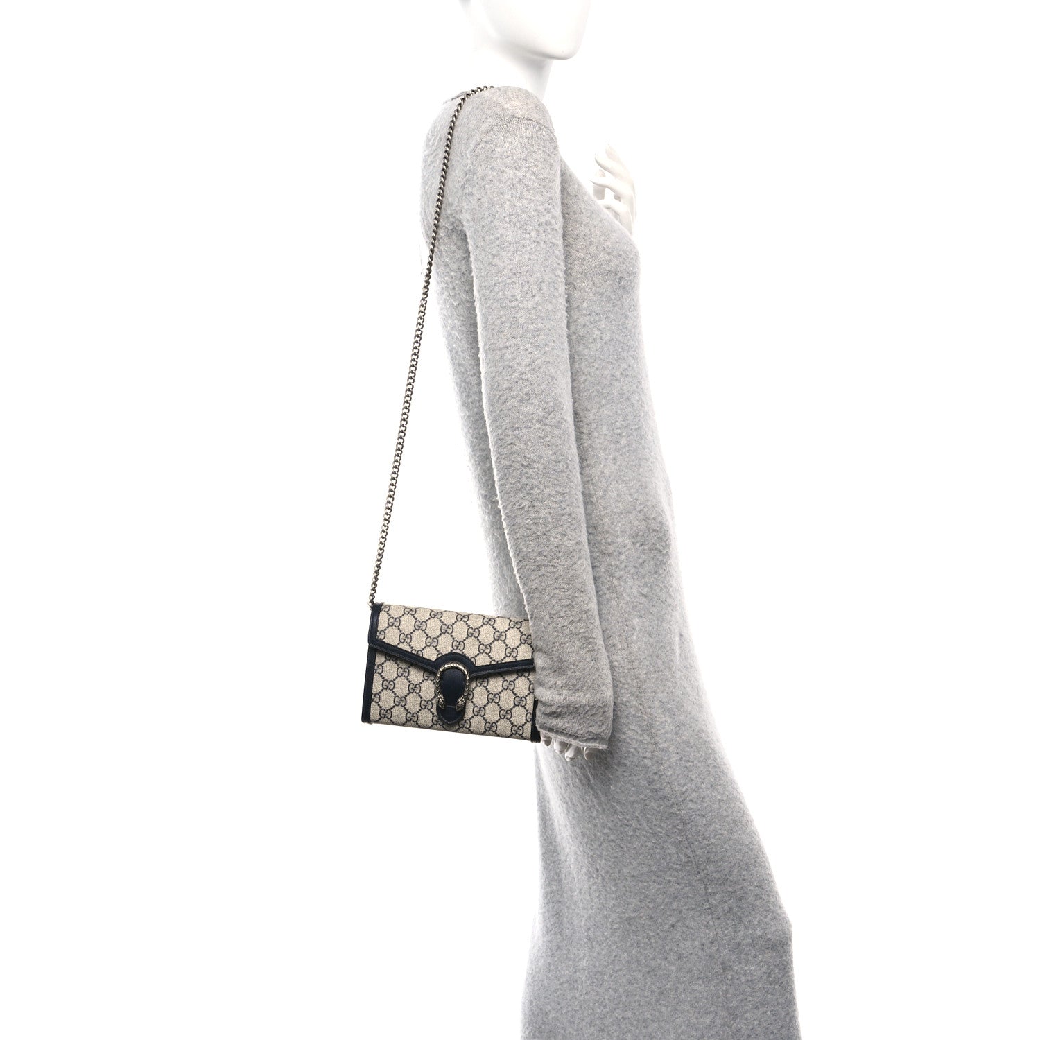 Gucci GG Supreme Monogram Textured Dollar Calfskin Mini Dionysus Chain Wallet Beige Blue 2 of 10