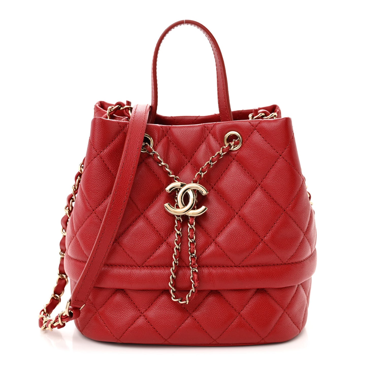 Caviar Quilted Rolled Up Bucket Drawstring Bag Red