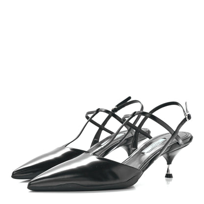 Prada Spazzolato Pointed Toe T-Strap 55mm Slingback Pumps 37.5 Black 3 of 9