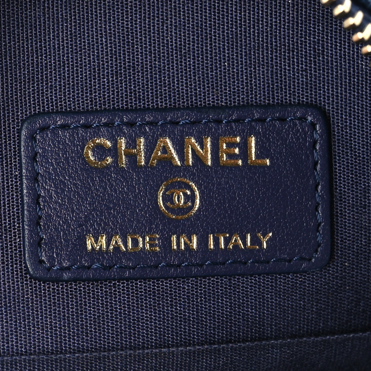 Denim Quilted Chanel 19 Round Clutch With Chain Blue