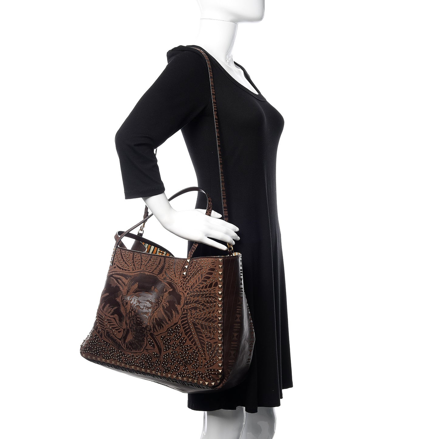 Calfskin Canvas Elephant Embossed Medium Rockstud Reversible Tote Brown