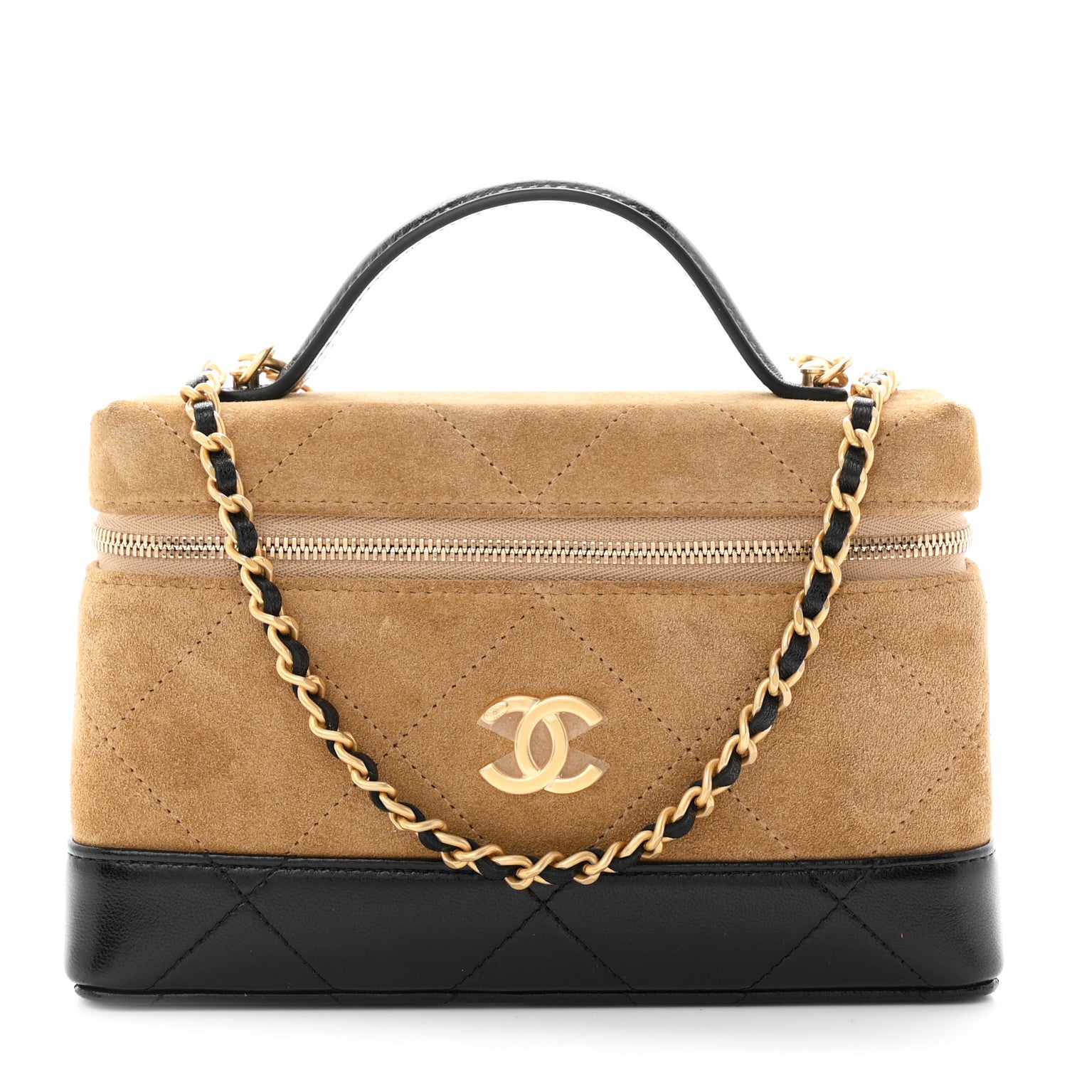 Chanel Suede Calfskin Shiny Lambskin Quilted Top Handle Slim Vanity Case With Chain Beige Black 1 of 11