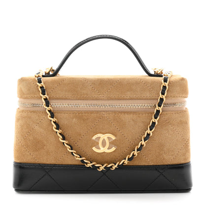 Chanel Suede Calfskin Shiny Lambskin Quilted Top Handle Slim Vanity Case With Chain Beige Black 1 of 11