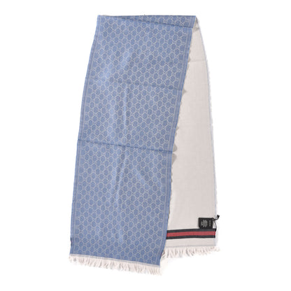 Gucci Wool GG Monogram Web New Arliss Fringe Scarf Blue 2 of 5