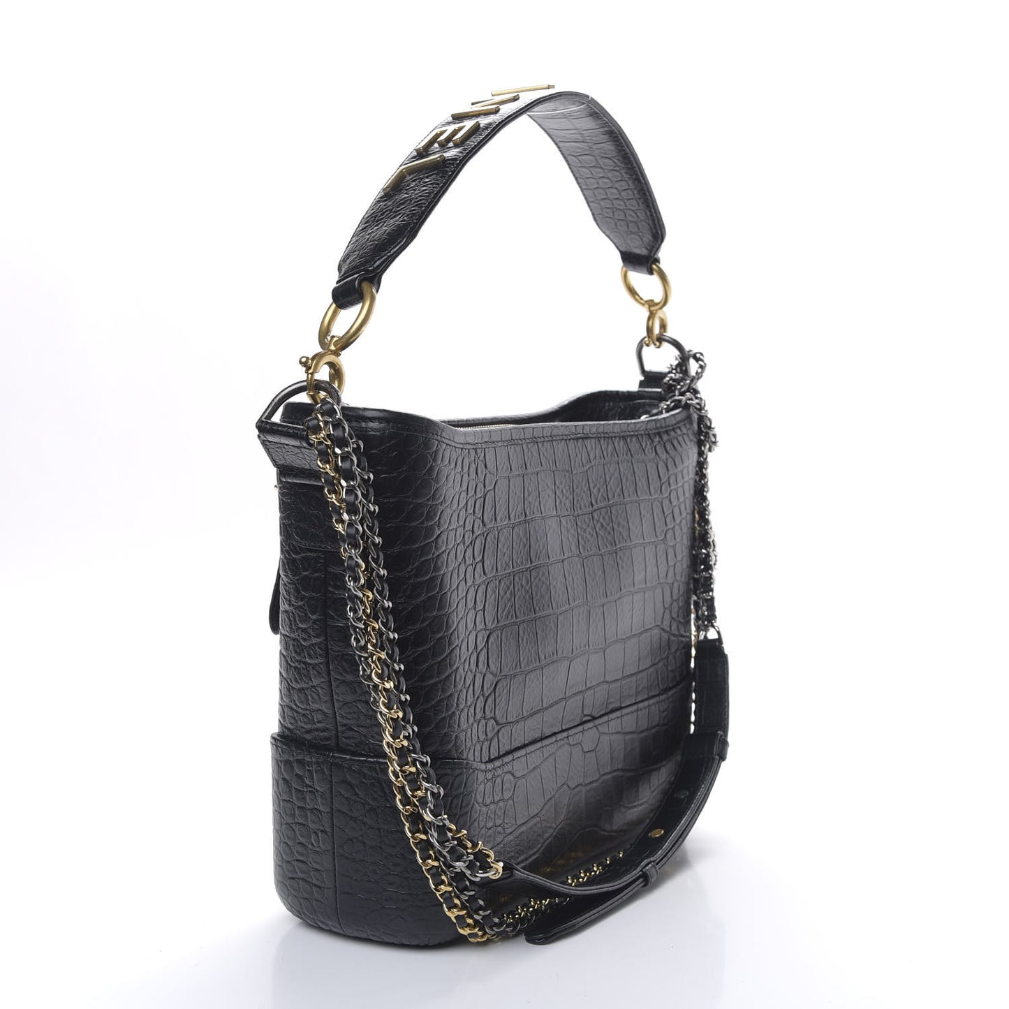 Crocodile Embossed Calfskin Medium Gabrielle Cocodile Hobo Black