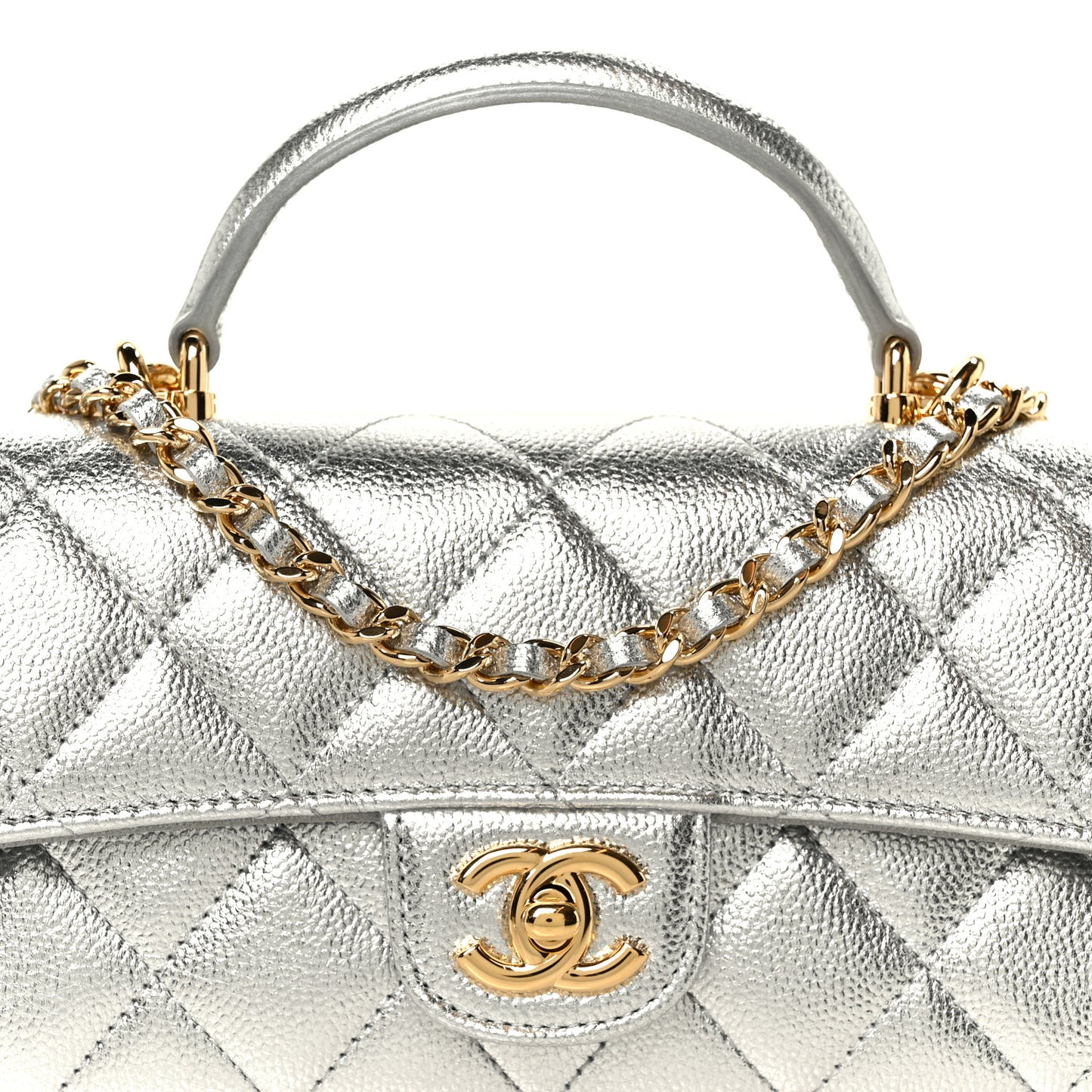Metallic Caviar Quilted Top Handle Long Clutch With Chain Silver