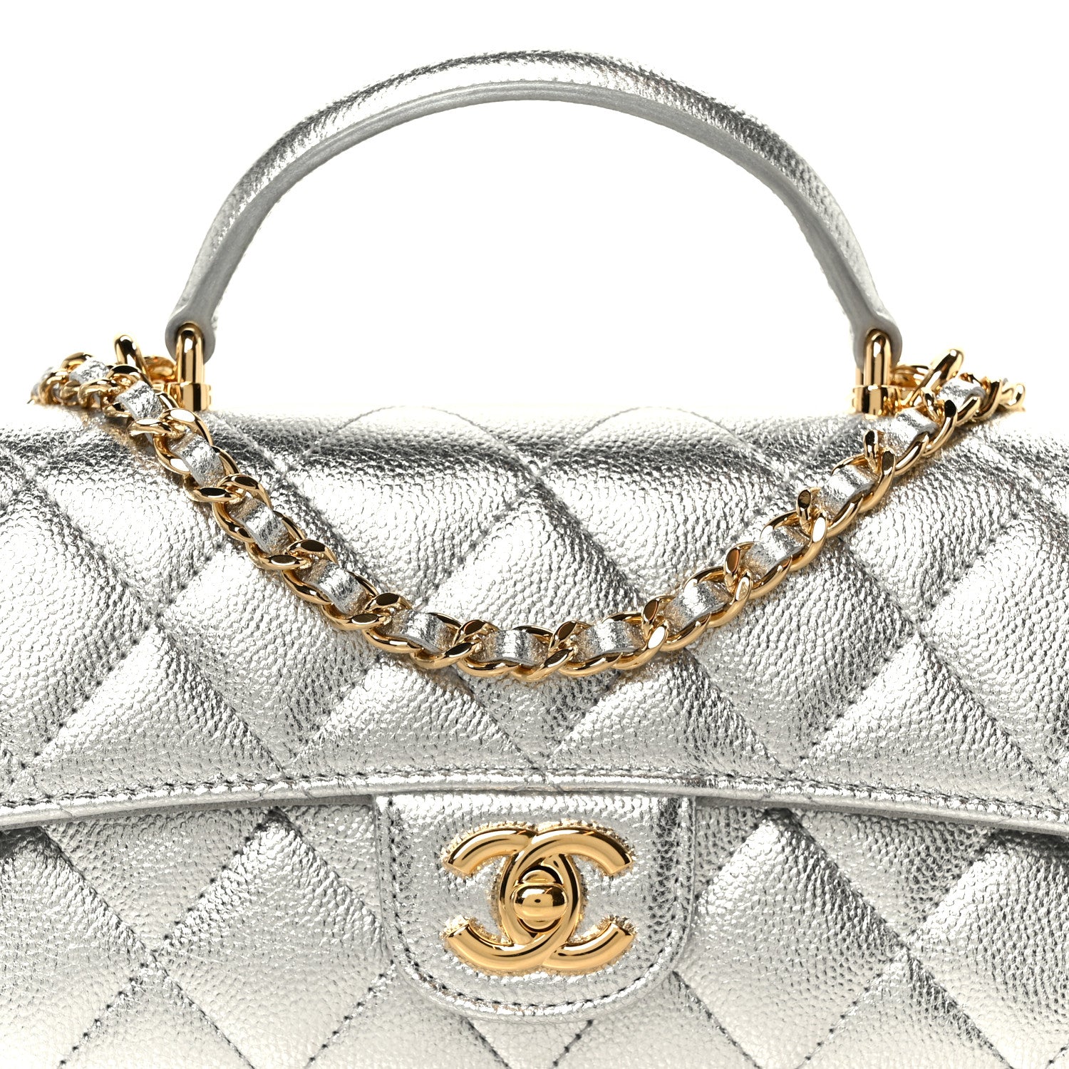 Chanel Metallic Caviar Quilted Top Handle Long Clutch With Chain Silver 10 of 13