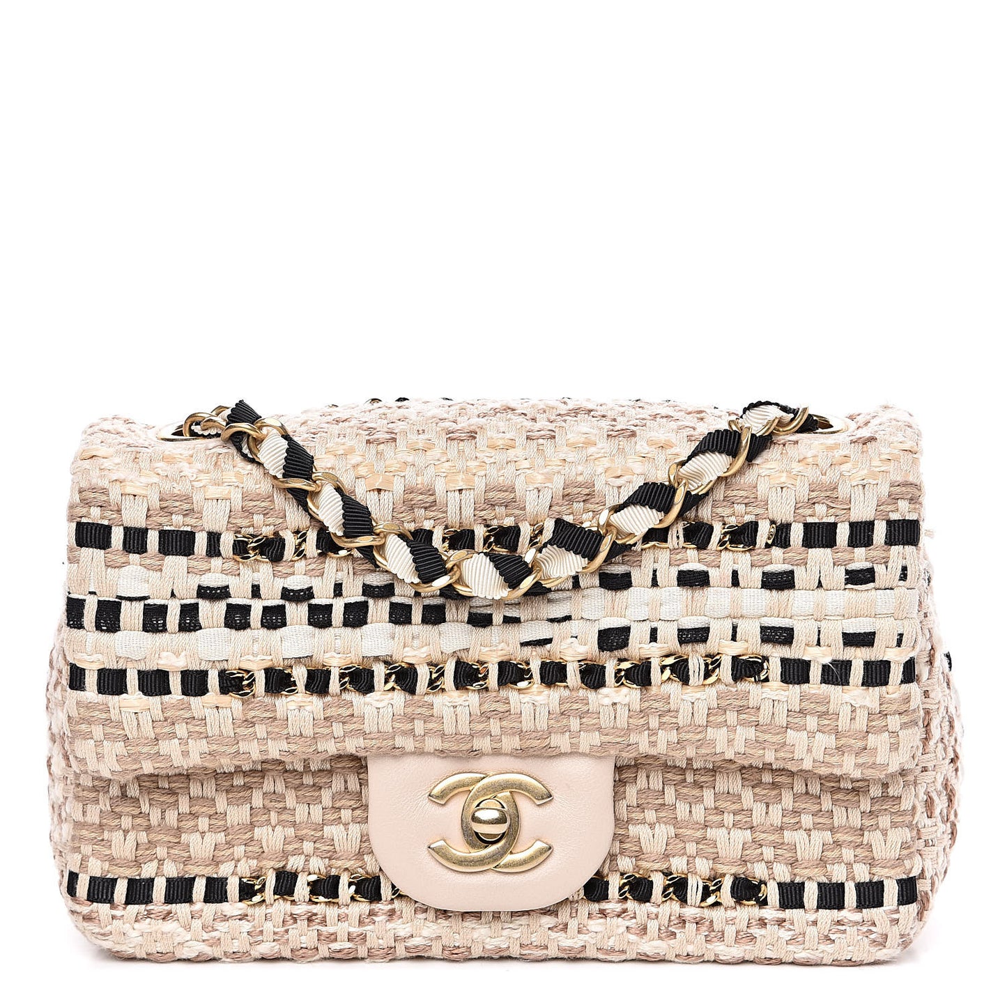 Tweed Chain Braid Mini Flap Beige White Black