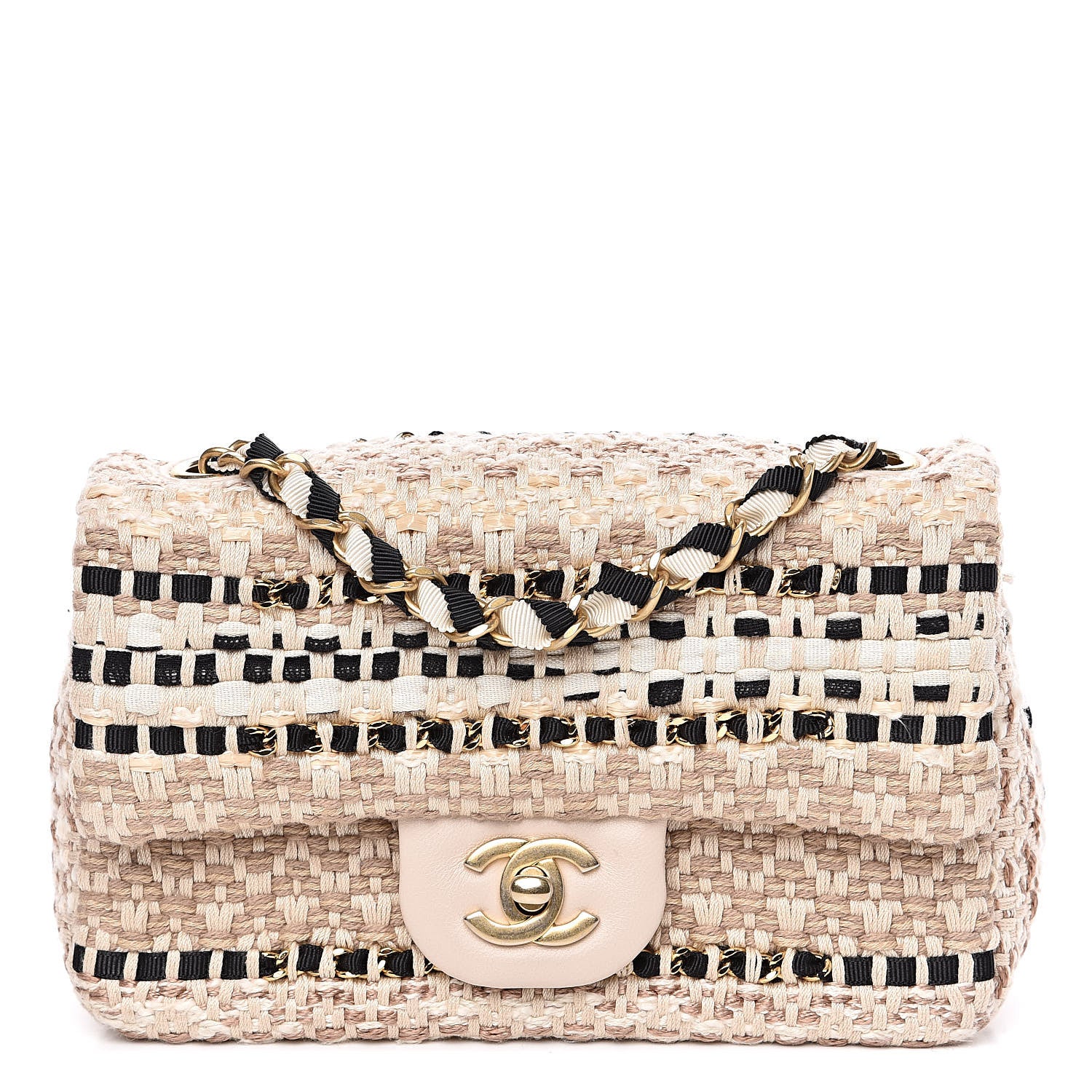 Chanel Tweed Chain Braid Mini Flap Beige White Black 1 of 12