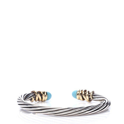 David Yurman Sterling Silver 18K Yellow Gold Diamond Turquoise 6mm Helena Cuff Bracelet 3 of 5
