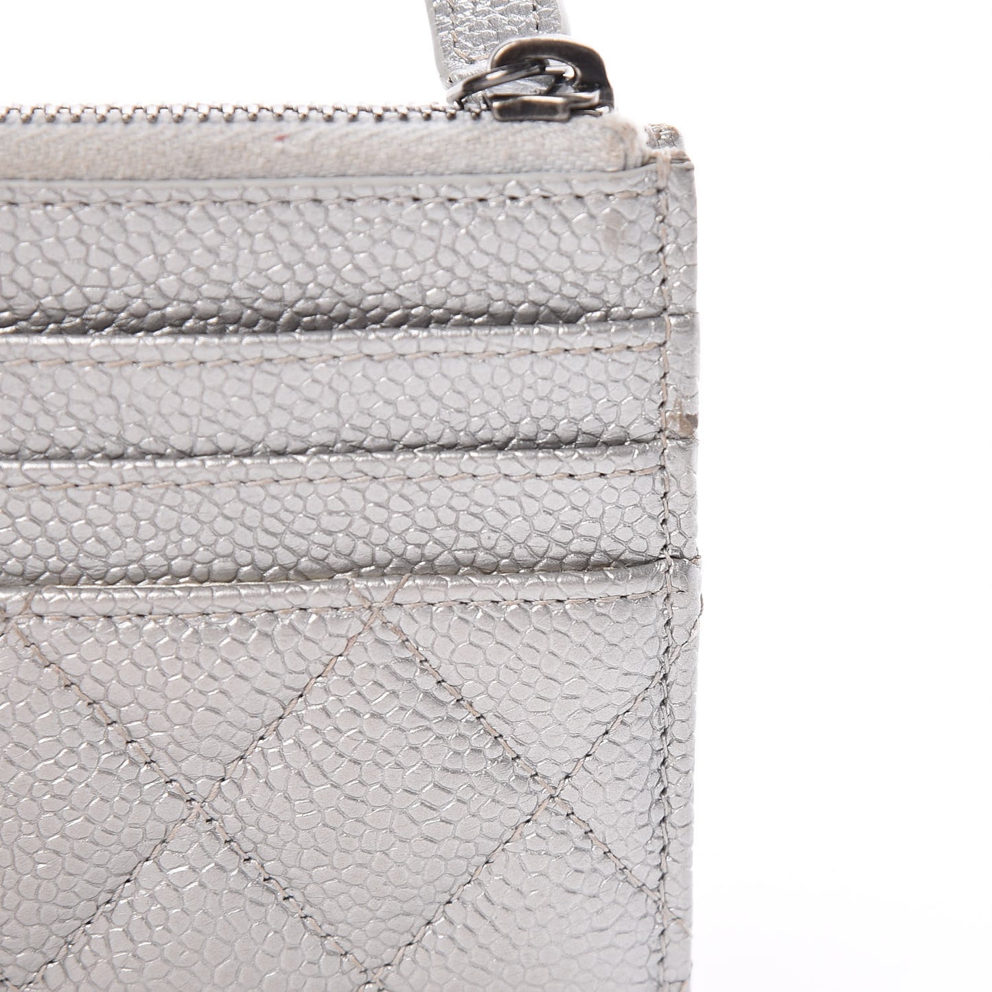 Metallic Caviar Quilted CC Zip Card Holder Silver