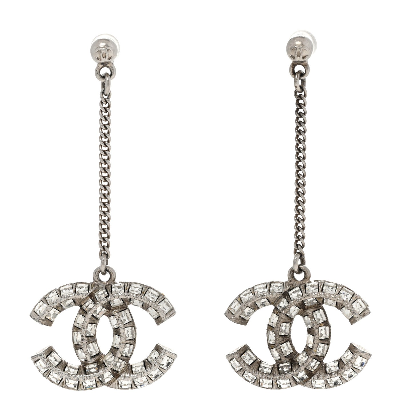 Baguette Crystal CC Drop Earrings Silver