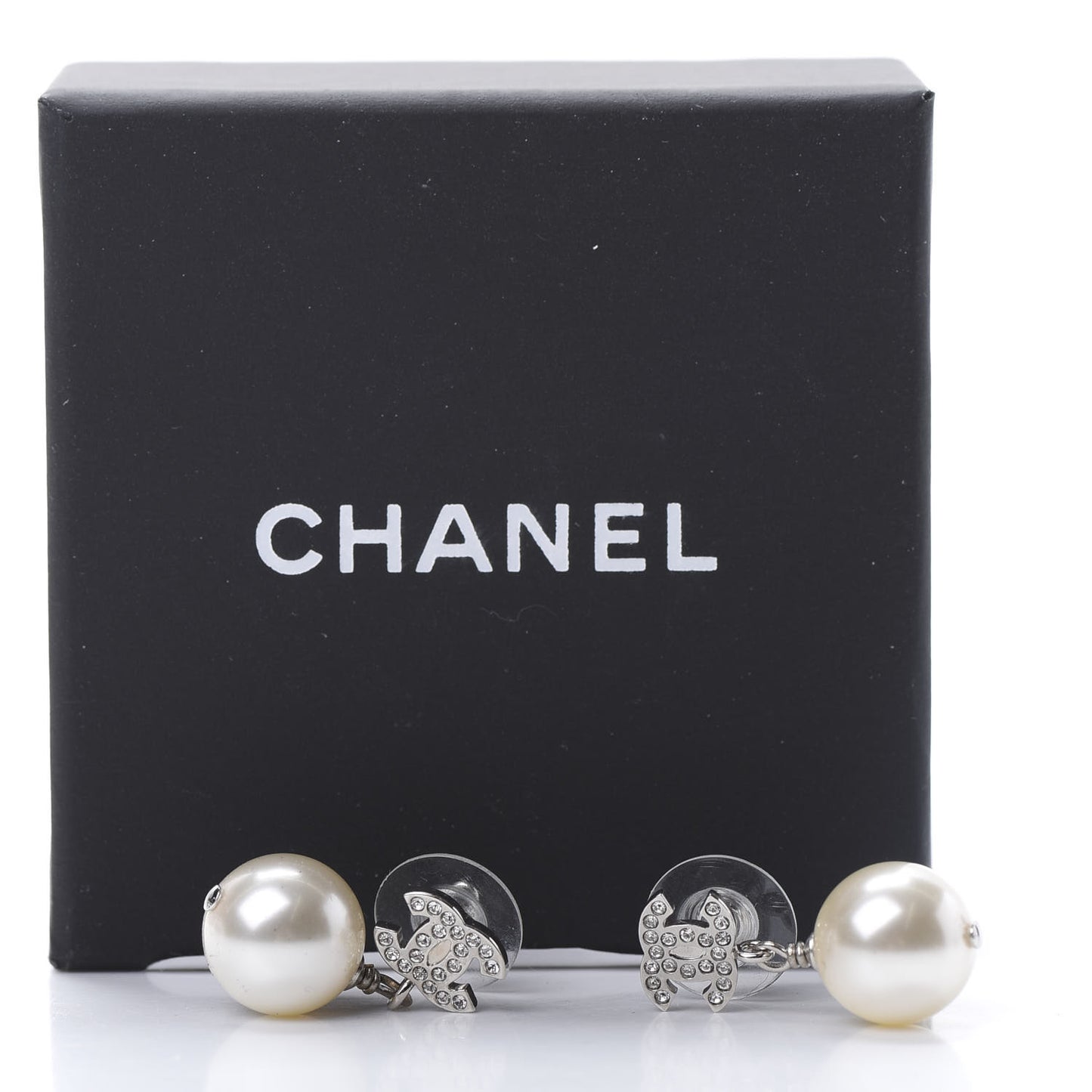Crystal Pearl CC Drop Earrings Silver