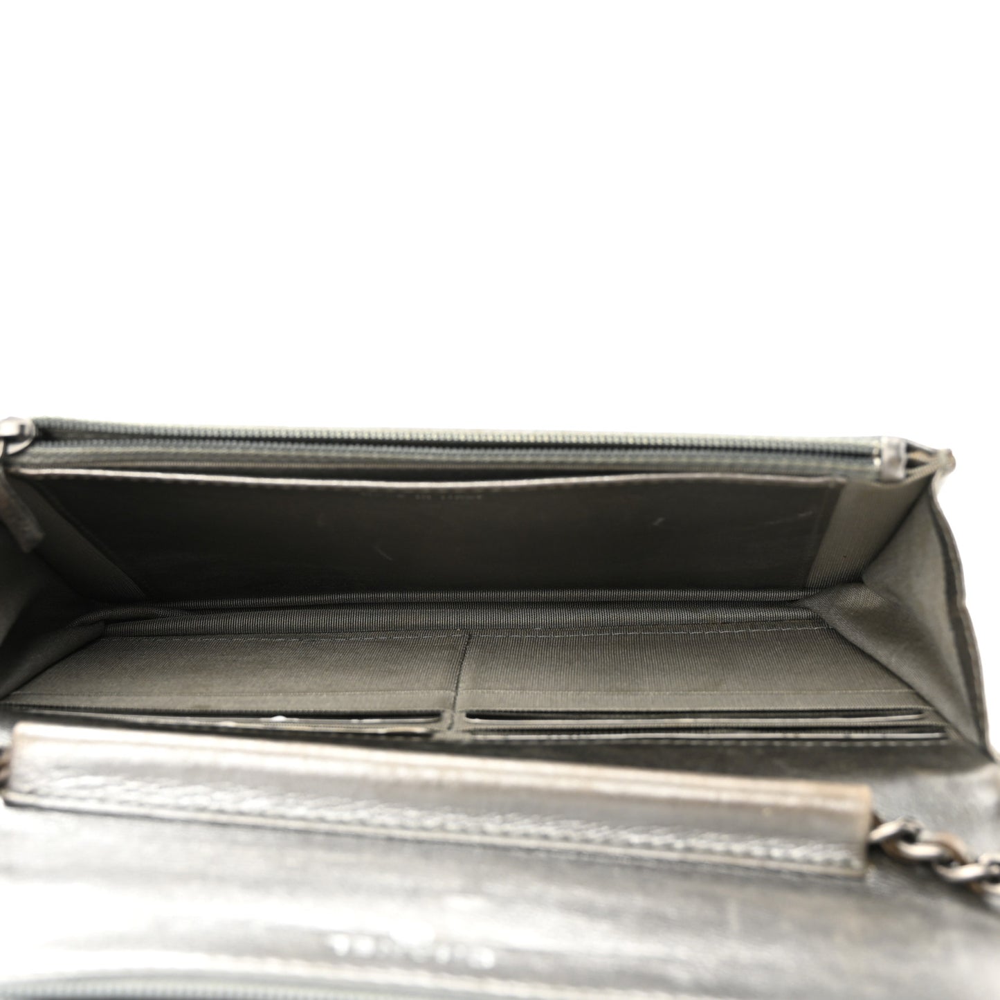 Metallic Calfskin Quilted Boy Wallet On Chain WOC Silver