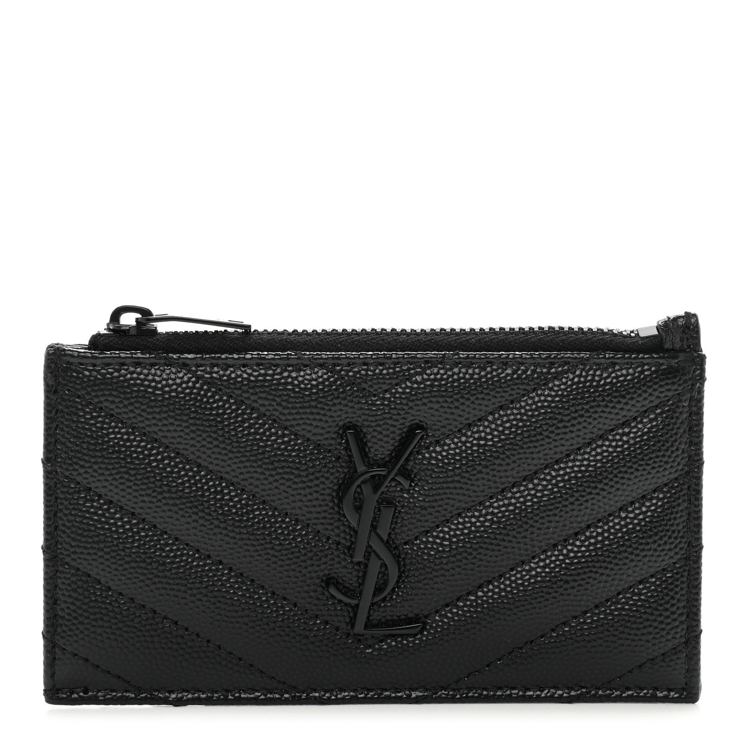 Saint Laurent Grain De Poudre Matelasse Chevron Monogram Fragments Zippered Card Case Black 1 of 8