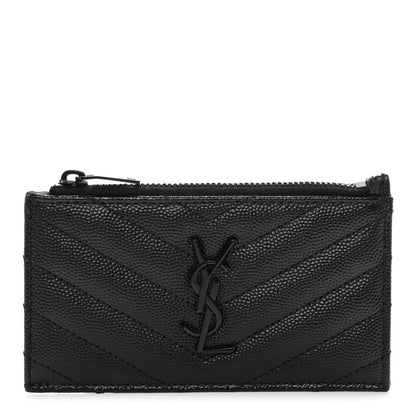 Saint Laurent Grain De Poudre Matelasse Chevron Monogram Fragments Zippered Card Case Black 1 of 8