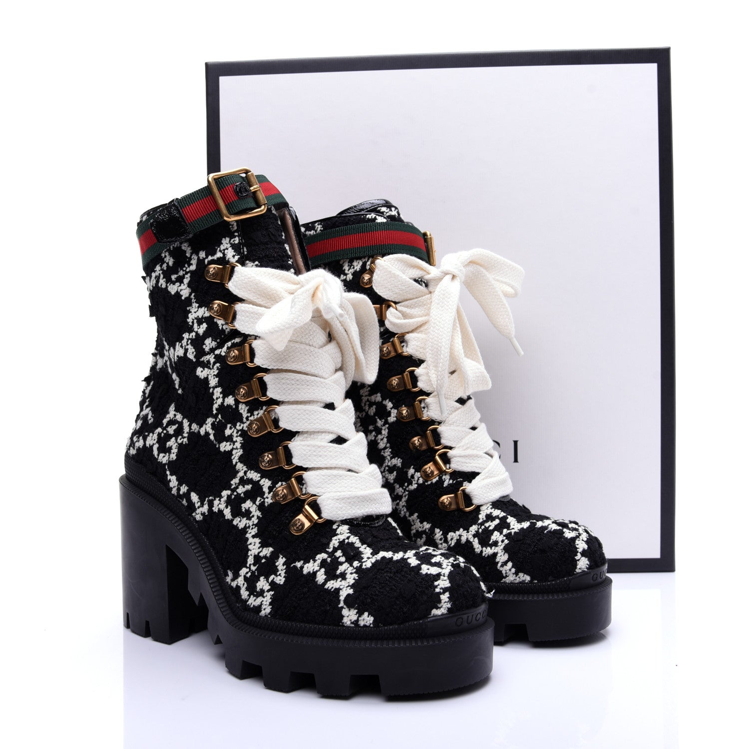 Gucci Tweed GG Monogram Lace Up Combat Ankle Boots 35 Black 15 of 15