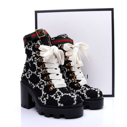 Gucci Tweed GG Monogram Lace Up Combat Ankle Boots 35 Black 15 of 15