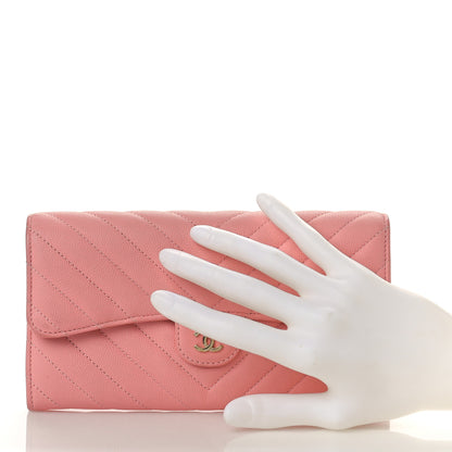 Chanel Caviar Chevron Quilted Large Gusset Flap Wallet Pink 2 of 9