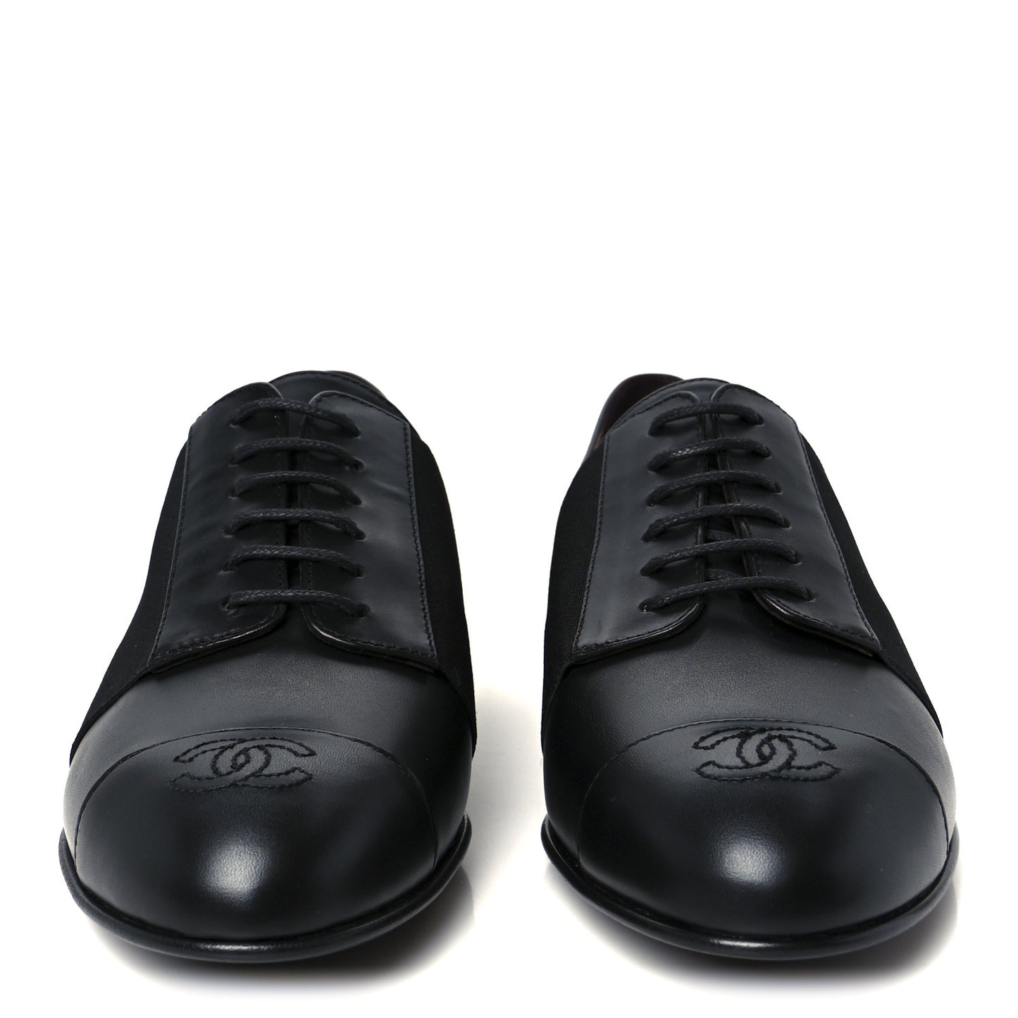 Calfskin Elastic Lace Up Cap Toe CC Loafers 38 Black