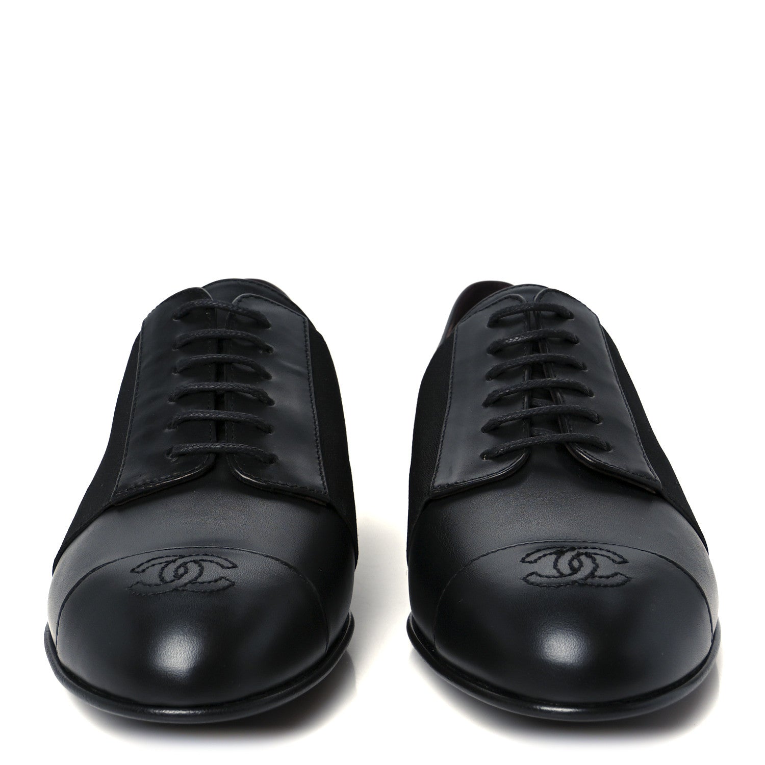 Chanel Calfskin Elastic Lace Up Cap Toe CC Loafers 38 Black 3 of 9