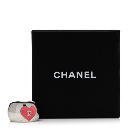 Chanel Metal Enamel Valentine CC Ring 54 7 Silver Pink 6 of 6