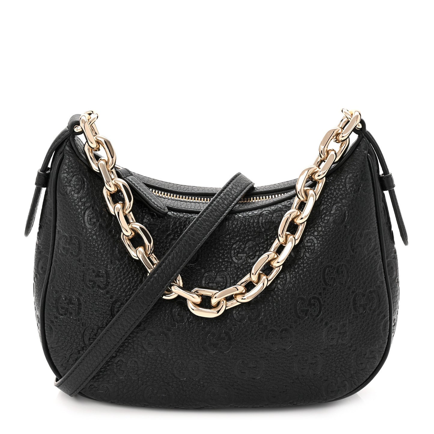 GG Grainy Calfskin Emblem Small Half Moon Shoulder Bag Black