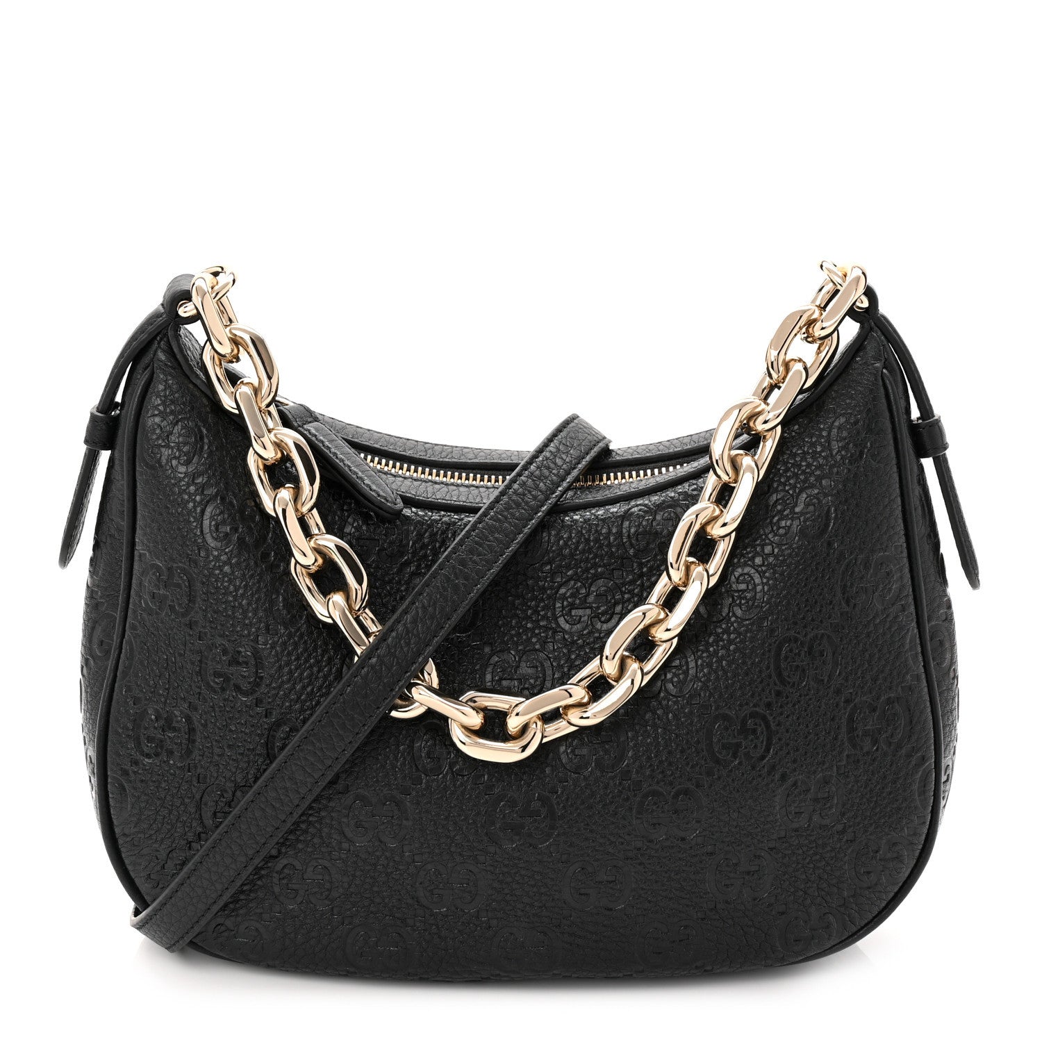 Gucci GG Grainy Calfskin Emblem Small Half Moon Shoulder Bag Black 1 of 10