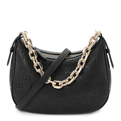 Gucci GG Grainy Calfskin Emblem Small Half Moon Shoulder Bag Black 1 of 10