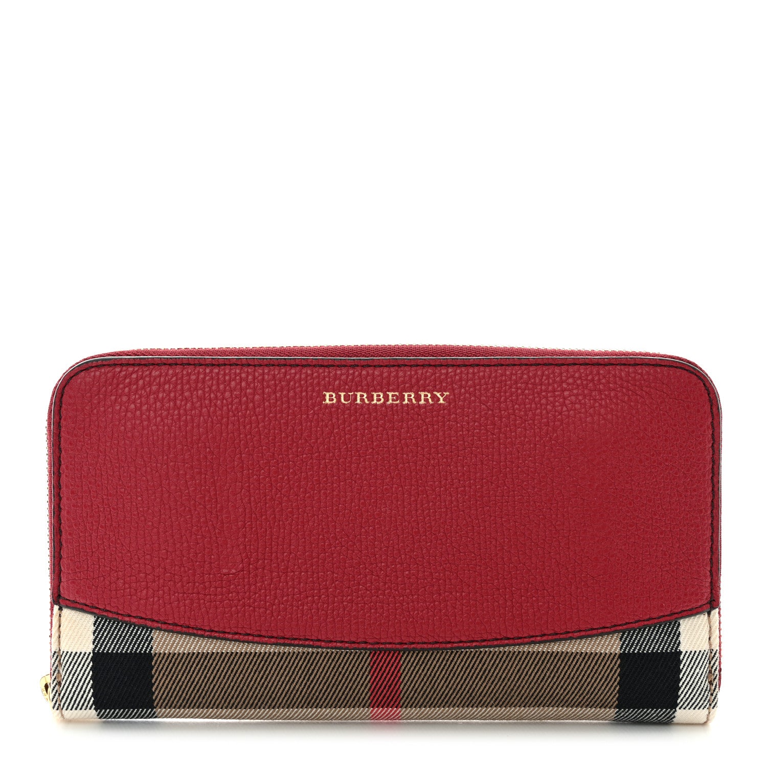 Burberry Grainy Calfskin House Check Elmore Zip Around Wallet Russet Red 1 of 7