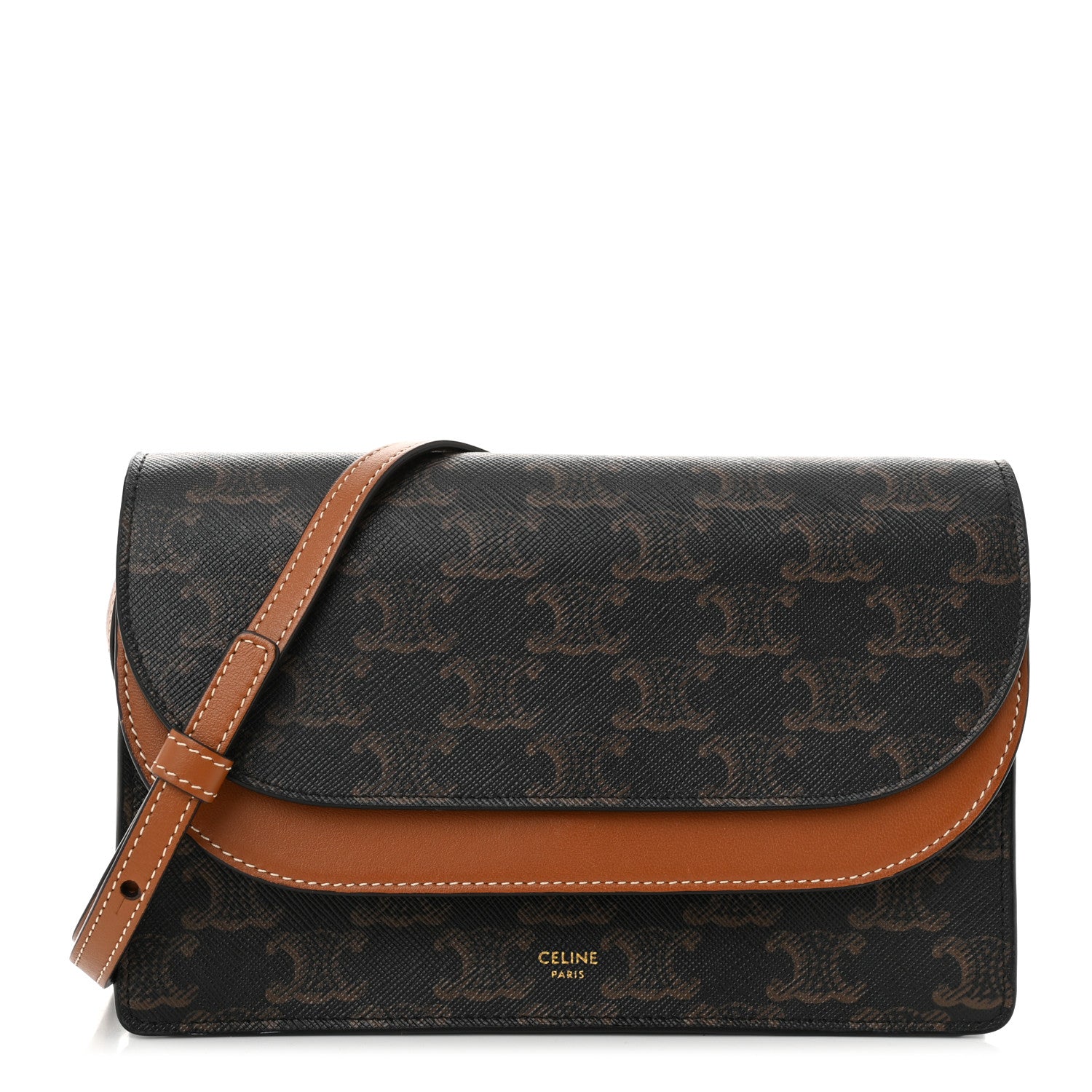 Celine Triomphe Canvas Lambskin Wallet On Strap Tan 1 of 10