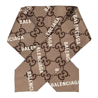 Gucci X BALENCIAGA Silk Twill Maxi GG Monogram GG B Neck Bow Scarf Beige White 1 of 3